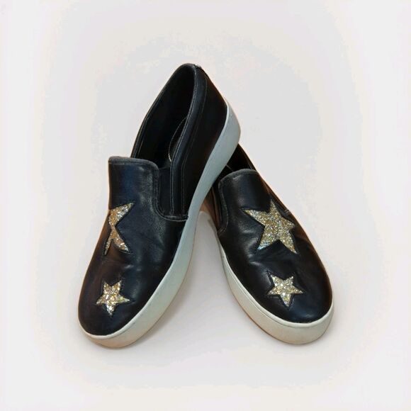 Michael Kors Sneakers Shoes Woemens 7.5 M Black Gold Stars Leather Slip On - Picture 1 of 8
